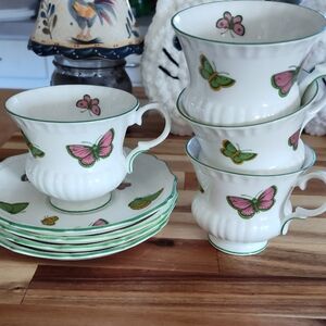 Butterfly Tea Cup and Saucer Set - White and Green